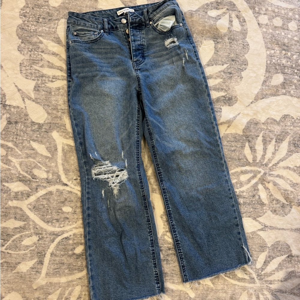 AND NOW THIS High-Rise Distressed Straight Crop Jeans - Medium Wash Blue